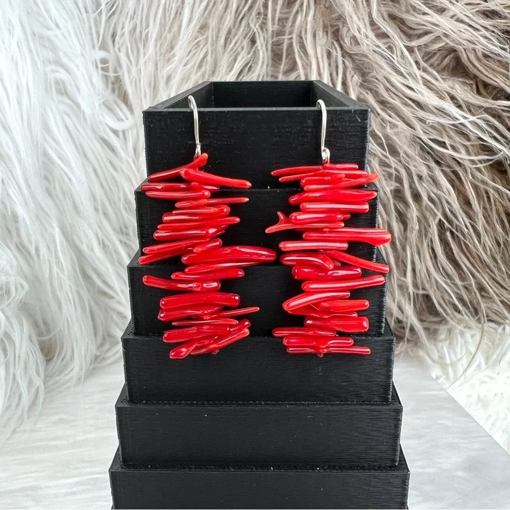 Vintage bohemian chic silvertone and red pierced earrings